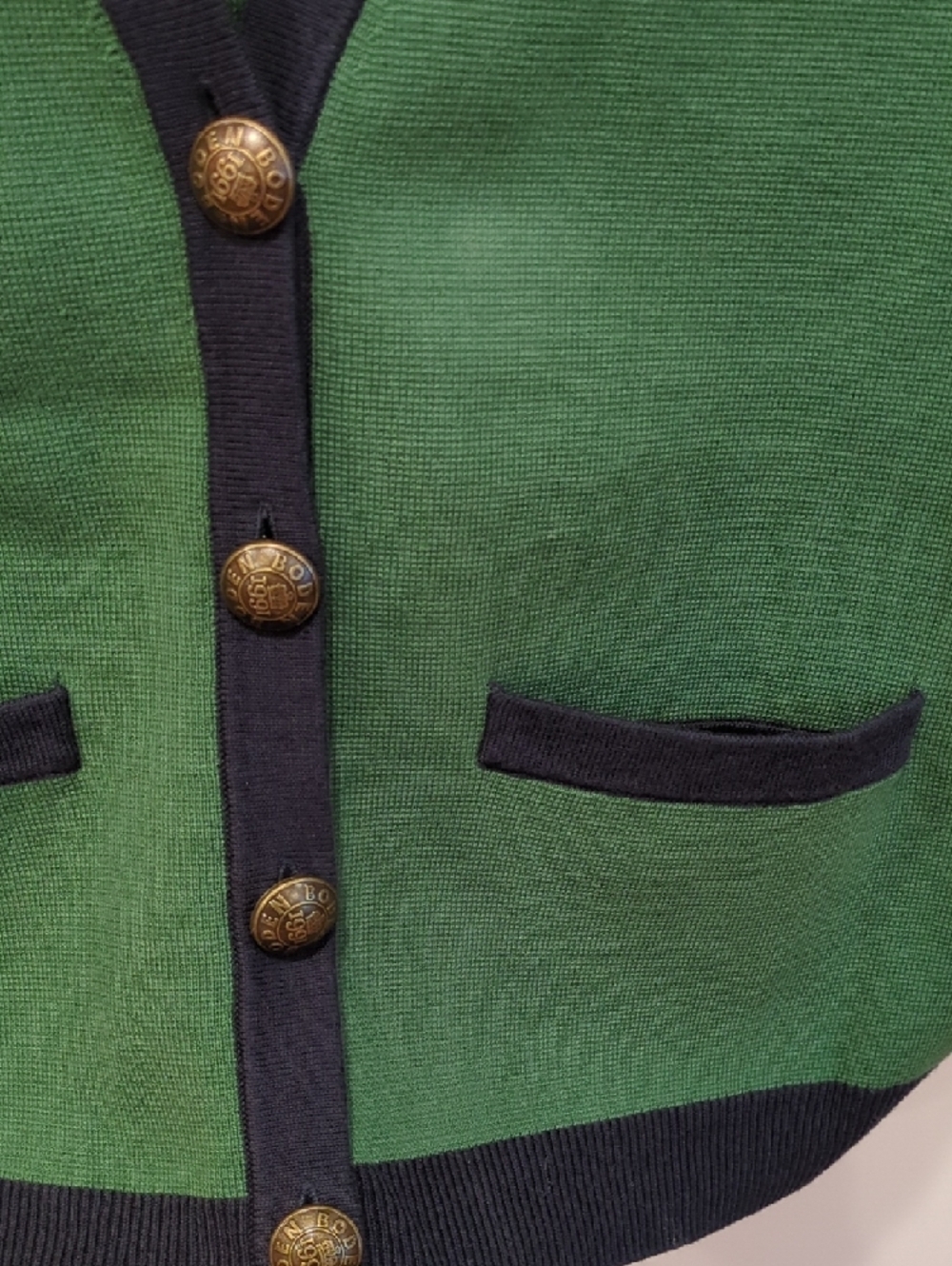 Boden Green Cotton Vest with Navy Trim and Gold Buttons Size Large Academia Prep - Picture 4 of 6